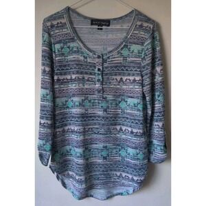Almost Famous Top Women's L Green Button Up Roll Tab 3/4‎ Sleeves Top